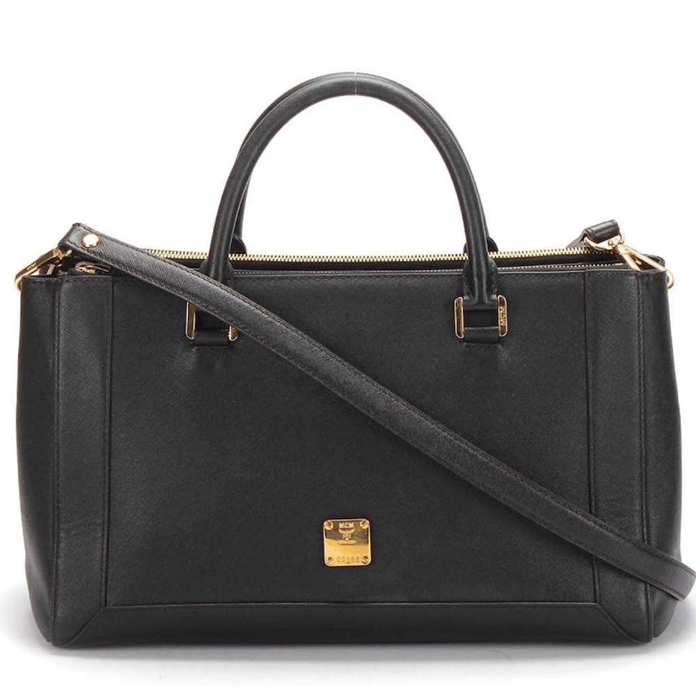 MCM Elegant Black Leather Tote Shoulder Bag Crossbody Strap Like New